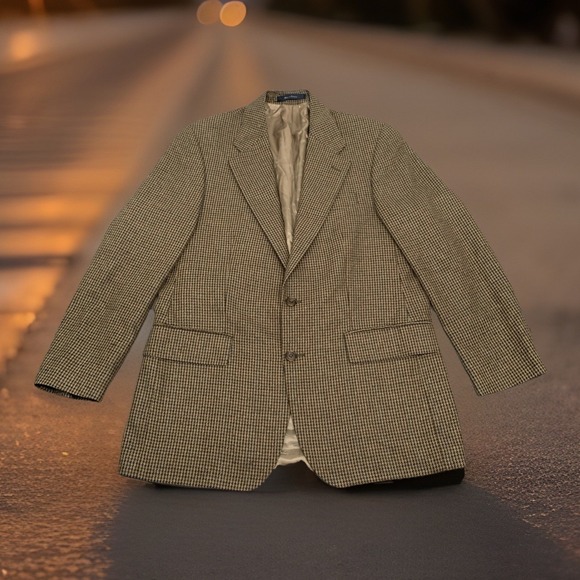 Vintage Chaps Ralph Lauren Brown Houndstooth Plaid Silk/Wool Blazer 42R Classic